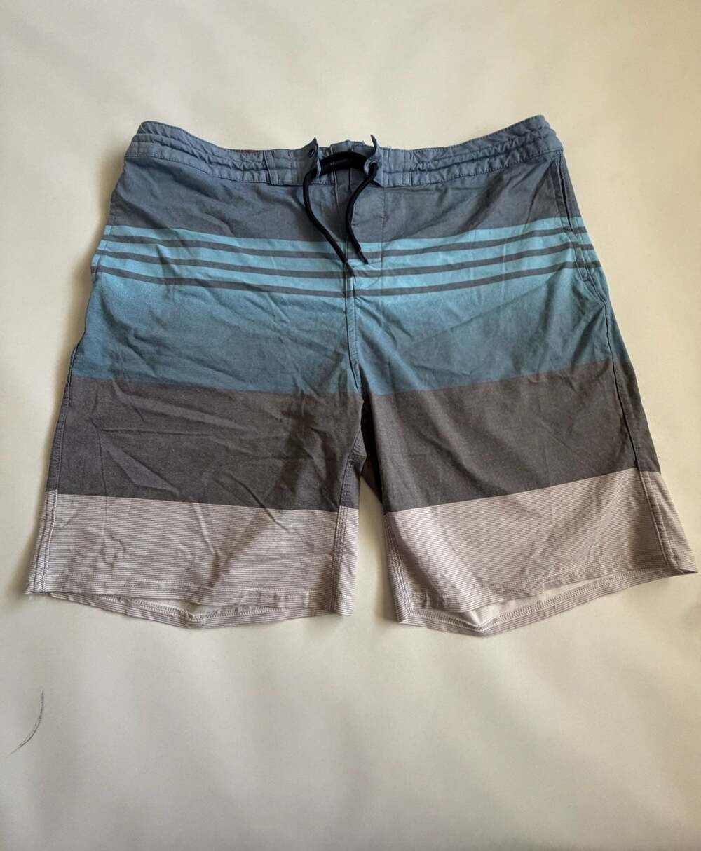 Mens Board Shorts 36 Blue Gray Color Block Striped Swim Trunks Surf Shorts